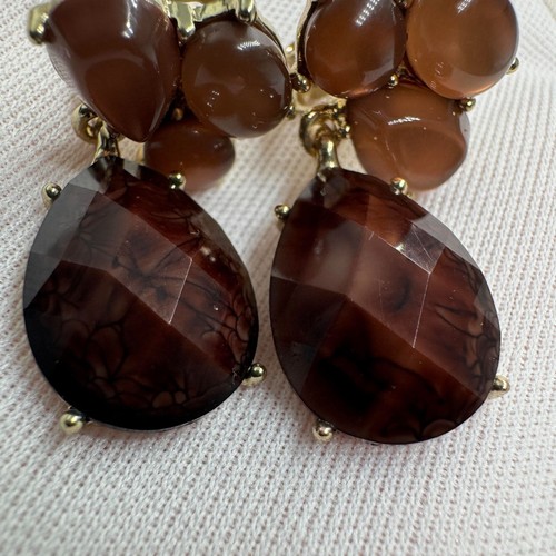 Retro Clip-On Earrings Teardrop Smokey Amber Brown Caramel Clustered Beads - Picture 11 of 16