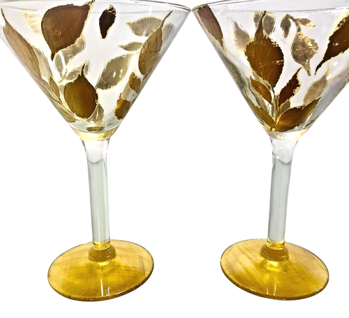 2 Hand-Painted Martini Glasses Gold Leaves Pattern - Picture 2 of 9
