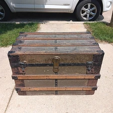 19th-C Antique Brown Wood Flat Top Steamer Treasure Chest Roller Trunk Studded