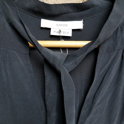 Satch 100% Pure Silk Black Long Sleeve Neck Ties Tiered Dress Women's Size M/L - Picture 6 of 9