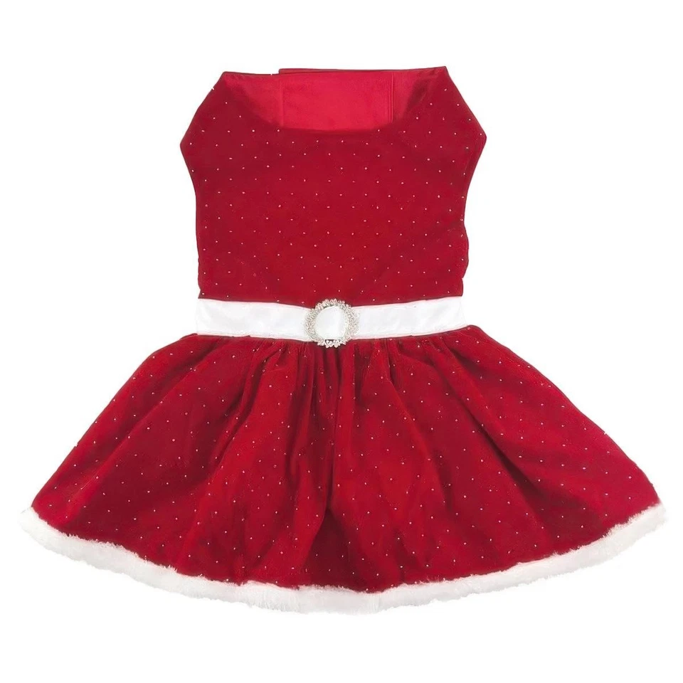 Red Velvet Sparkle Dog Dress  Fur Trim Matching Leash Rhinestone Buckle XS - XL - Image 3 of 3