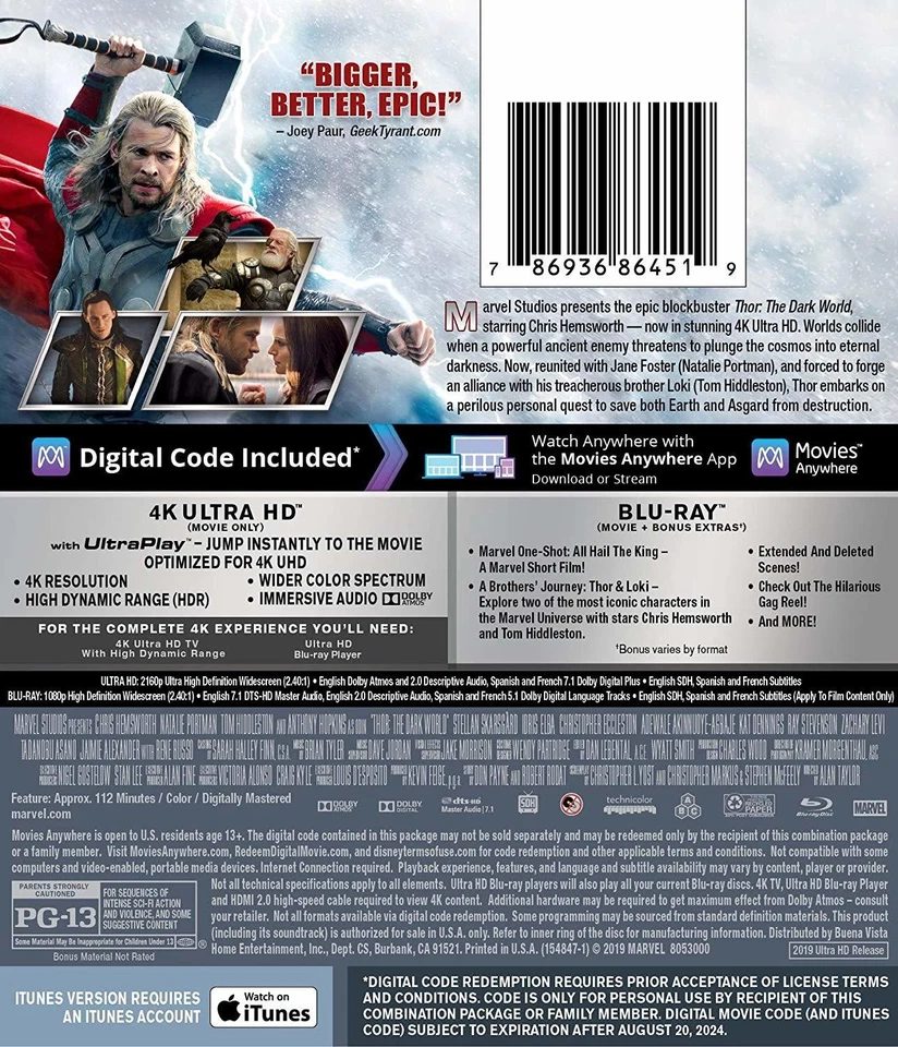 Thor: The Dark World (4K UHD / Blu-ray + Digital) NEW Foto 2 de 3