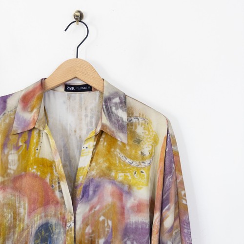 Zara Satin Midi Shirt Dress Size XL Multicoloured Long Sleeve Abstract - Imagen 19 de 24