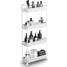 Slim Rolling Storage Cart with Wheels 4 Tier Skinny Bathroom Storage Organize...