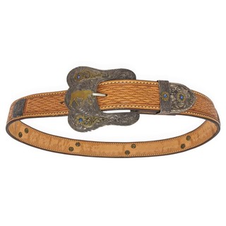 Vintage Western Hand Engraved Sterling Silver Horse Motif Buckle Leather Belt