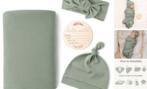 Baby Girl Newborn Receiving Blanket with Matching Headband and Beanie Set