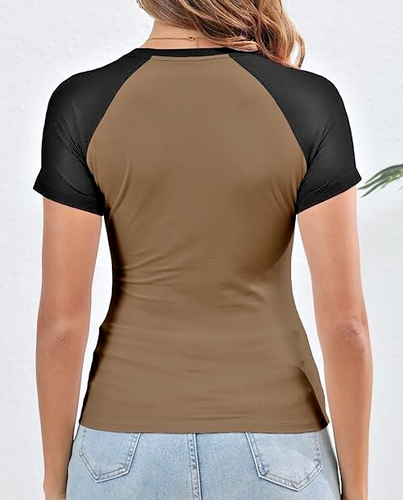 Abardsion Baby Tee - Y2K Shirt Short Sleeve Slim Fit Top - Mocha & Black - L - Picture 4 of 4