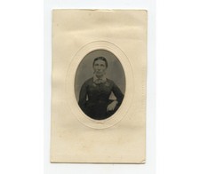 TINTYPE STUDIO PORTRAIT LADY W/ CROSS PIN + BOW, 1/16 PLATE, PERIOD MAT