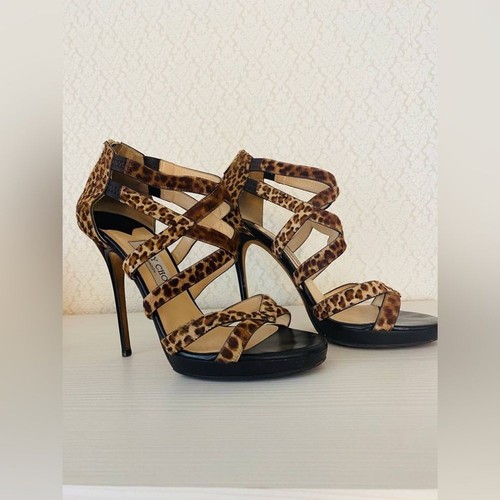 Jimmy Choo Pony Hair Leopard Print Strappy Platform Heels Sandals Size 38 - Picture 2 of 12