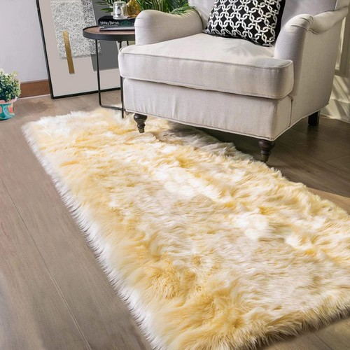 Gelber Teppich für Schlafzimmer Läufer 2X5 Waschbar Teppich Kunst Lammfell Fellteppich Flauschig Rug