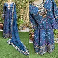 Pakistani Blue Long Maxi Style Embroidered Sequins Grip Dress,M