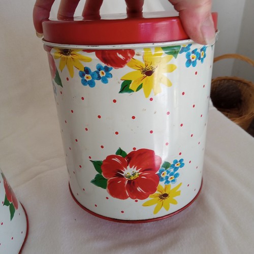 Vintage Tin Canister Set Of 3. Red, Floral Country Cottage Retro Farmhouse - Picture 15 of 23
