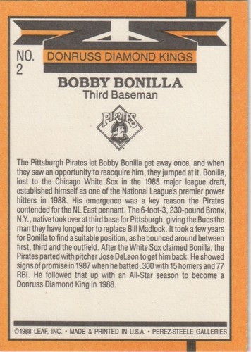 *MISPRINT* Bobby Bonilla Pirates Donruss Diamond Kings Card#2 1988 Leaf - Picture 3 of 3