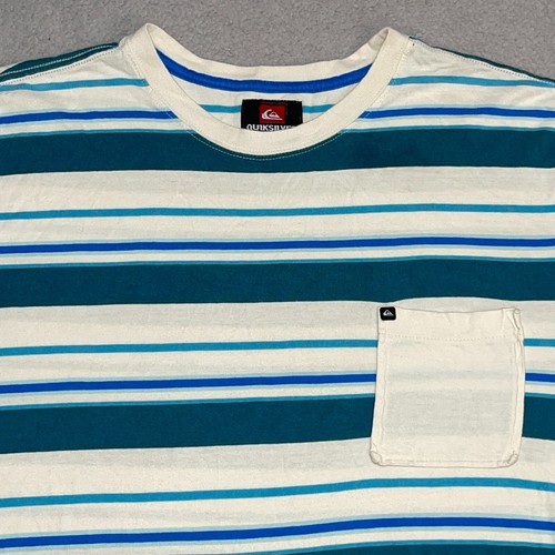Quiksilver Shirt Boys XL Blue White Striped Shorts Sleeve Pocket 100% Cotton - Picture 5 of 9
