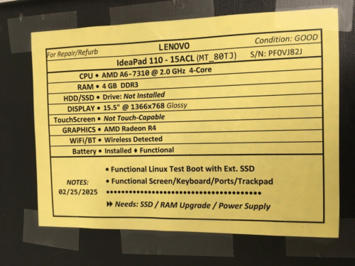 Lenovo IdeaPad 110 - 15ACL (MT_80TJ) 15.5 inch used laptop for parts/repair - Picture 3 of 5