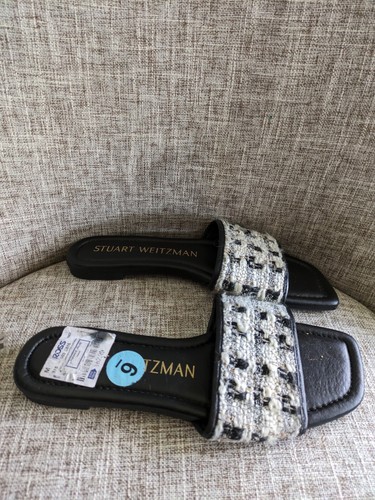 Stuart Weitzman Cotton Tweed Leather Sandals Mules Slide Black White Womens 6B - Picture 2 of 3