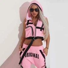 Women Sleeveless Tracksuit Hooded Sport Crop Top Pants 2pcs Set Zipper Hole Suit
