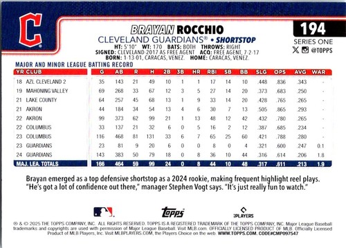2025 Topps Series 1 - Brayan Rocchio Cleveland Guardians #194 - Picture 2 of 2