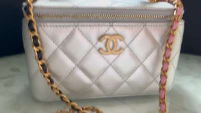 23P New CHANEL Vanity Gold CHAIN Top Handle Silver Lambskin
