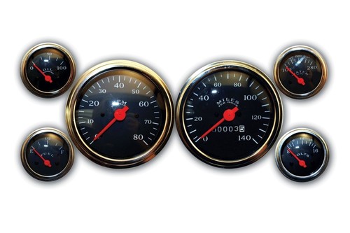 MECHANICAL GAUGE SET CLASSIC BLACK 6 GAUGE VEETHREE INSTRUMENTS SPEEDO AND TACH - Picture 1 of 9