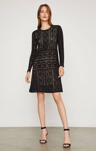 ¡Nuevo! BCBGMAXAZRIA ~Talla XS~ Vestido recto de encaje manga larga Waving Vines negro - Imagen 7 de 8