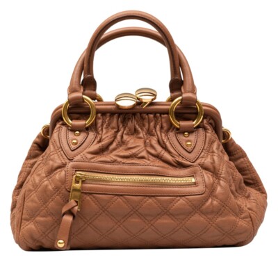 Marc Jacobs Stam Purse Satchel Frame Handbag Brown Quilted Leather