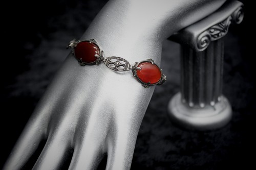 Antique Art Deco 925 Sterling Silver + Carnelian Chalcedony + Marcasite Bracelet - Picture 11 of 11