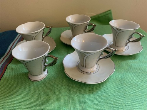 T. BAVARIA GERMANY DESIGN DEMITASSE 5 cups 4 saucers Silver Trim - Picture 5 of 12