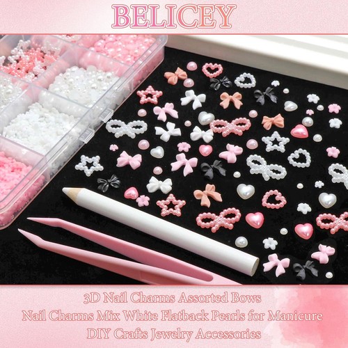 3D Schleife Nagel Charms 600 Stck. Blumen Nagel Charm Rosa & Weiß Flatback Perlen Beads St - Bild 3 von 11