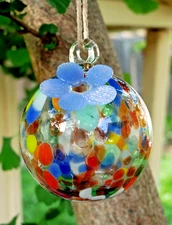 #2 Hummingbird Feeder Handblown Glass Multi-Color & Blue Flower Mexican Folk Art