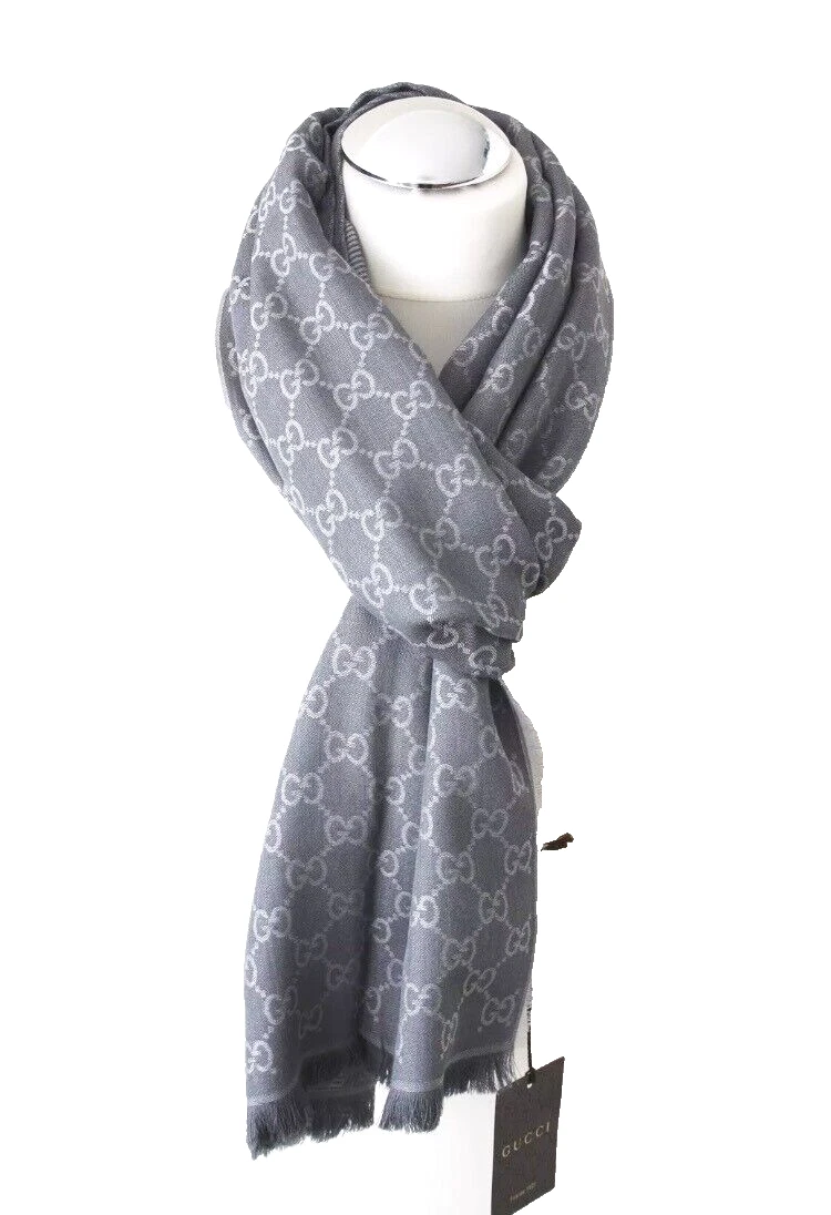 GUCCI 282390 écharpe foulard 70x195 cm laine soie gris clair NEUF