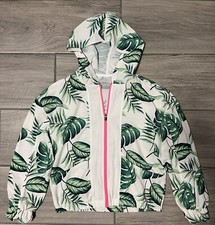 Zella Girls Large 10-12 Green/White Palm Tropical Print Hooded Full Zip Jacket