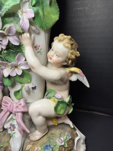 Antique German Porcelain Cornucopia Flower 2 Figurine Cherub Vase Ovington 10.5” - Picture 4 of 24