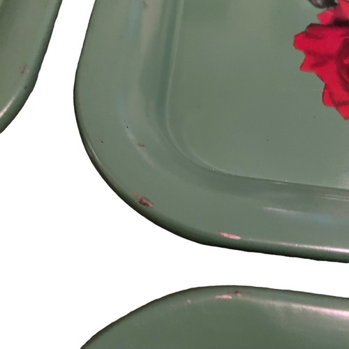 Menge 6 Vintage Meeresschaum Grün Blumen Rot Weiß Rosen MCM Retro Metall Schoß Tabletts - Bild 5 von 10