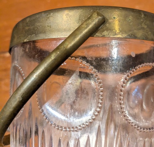 Antique Glass Ice Bucket with Brass Rim and Handle Coin Pattern - Picture 4 of 16