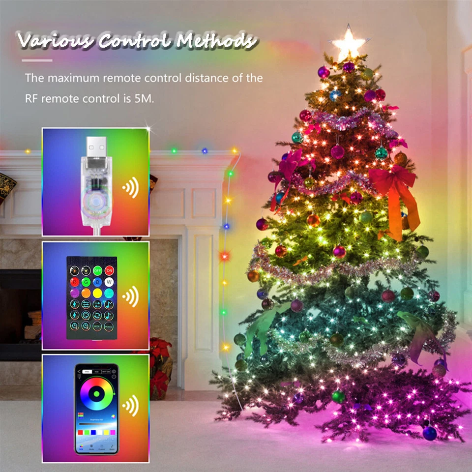 Cadena de luces LED de 33 pies guirnalda de control de aplicaciones inteligentes impermeable decoración de fiestas de Navidad Foto 3 de 4
