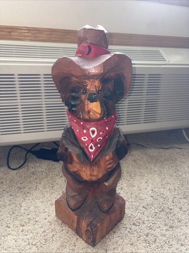 Hand Carved Wooden Texas Bear From The 80s