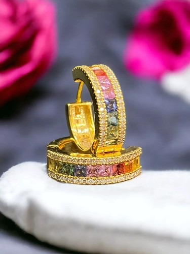 2,70 Cts Runde Diamanten Saphire Unisex Regenbogen Creolen Ohrringe 18K Gelbgold - Bild 2 von 15