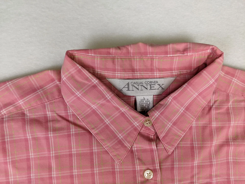 Top informal esquina anexo para mujer talla grande rosa a cuadros manga corta abotonada Foto 4 de 4