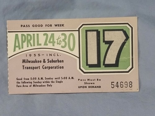 Vintage 1955 Milwaukee & Suburban Transport Railway TRANSIT TICKET Pass #17 - Picture 1 of 2