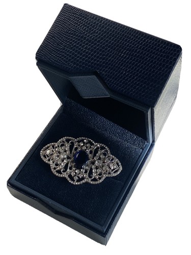 White gold finish Oval Sapphire And Created diamond Brooch Pin Gift Boxed - Picture 6 of 12