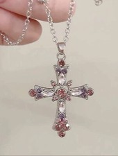 Pink Cubic Zirconia Decor Cross Pendant Necklace for Women Jewelry for Women