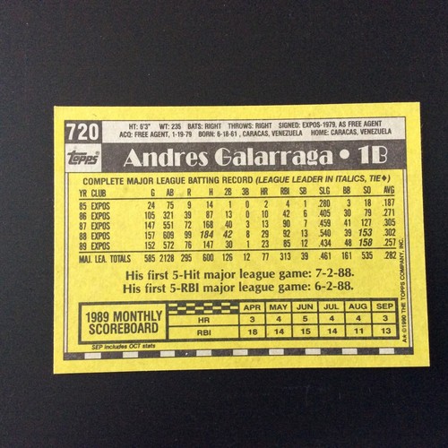 1990 Topps #720 Andrés Galarraga Montreal Expos - Imagen 2 de 2