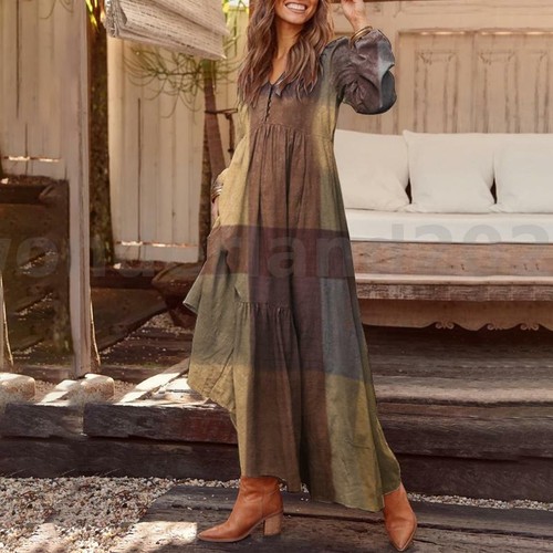UK Womens Ladies Casual Loose Long Sleeve Maxi V Neck Check Party Kaftan Dress - Picture 11 of 15