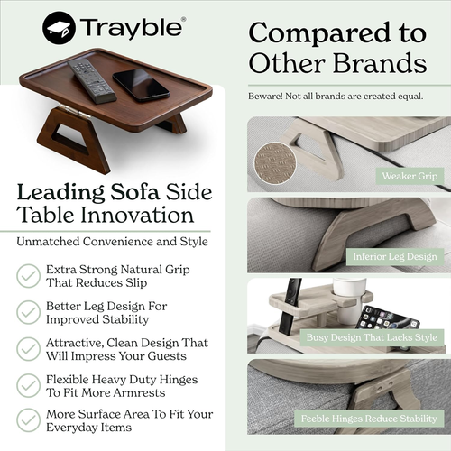 Bamboo Trayble Couch Arm Table, Clip on Tray Sofa Table for Couches. Sofa Arm Tr - Picture 5 of 9