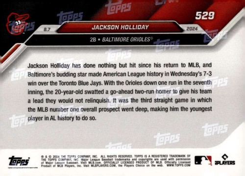 Jackson Holliday RC 2024 Topps AHORA #529 ROOKIE Orioles PR:6379 CASI NUEVO-COMO NUEVO M ID:110963 - Imagen 2 de 2