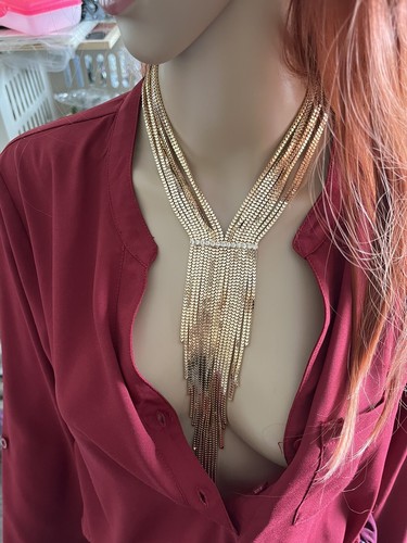 Große klobige Halskette Gold Latz Kette Set lang Y Fransen Lagenlook mit Ohrringen - Bild 1 von 11