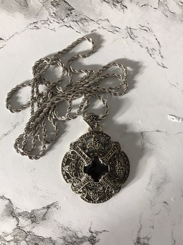 Judith Jack Marcasite Pendant  Sterling Silver 30” Sterling Chain By K.C. Co - Picture 1 of 6