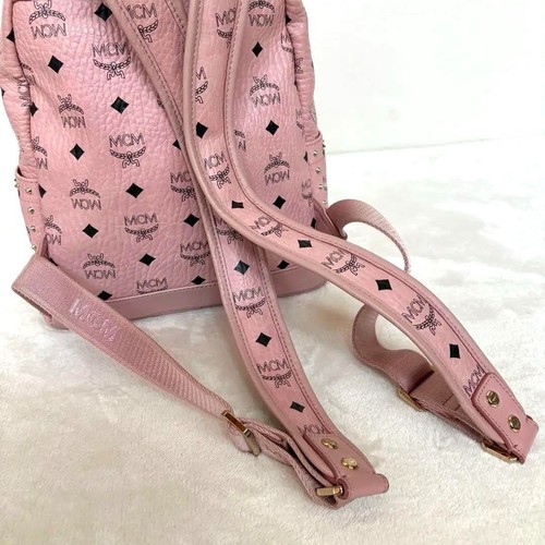 MCM Visetos Rosa Suave Mini Mochila Bolso de Cuero Tachonado Logo Japón Auténtico - Imagen 5 de 16