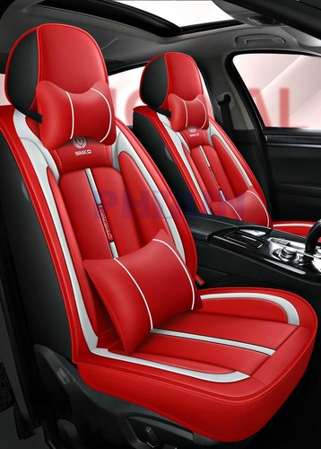 Red Wear resistant Leather Car Seat Covers Front Rear Full Set Cushion Protector - Picture 2 of 11